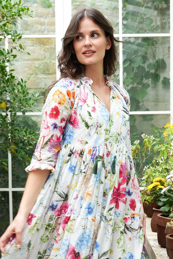 Samantha Sung Eden Dress Crew Neck 3/4 Sleeve Maxi Length Cotton Musola (Multicolor Botanic Small)