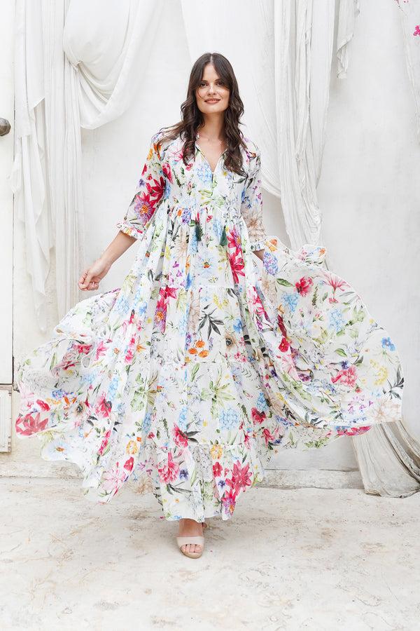 samantha sung Eden Dress Crew Neck 3/4 Sleeve Maxi Length Cotton Musola (Multicolor Botanic Small)