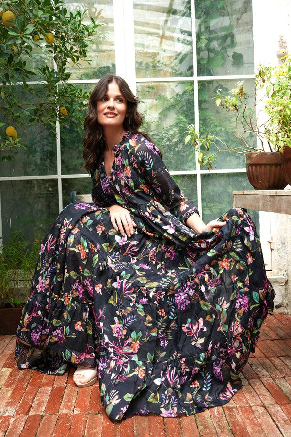 Samantha Sung Eden Dress Crew Neck 3/4 Sleeve Maxi Length Cotton Musola (Gallerie Summer Bouquet)