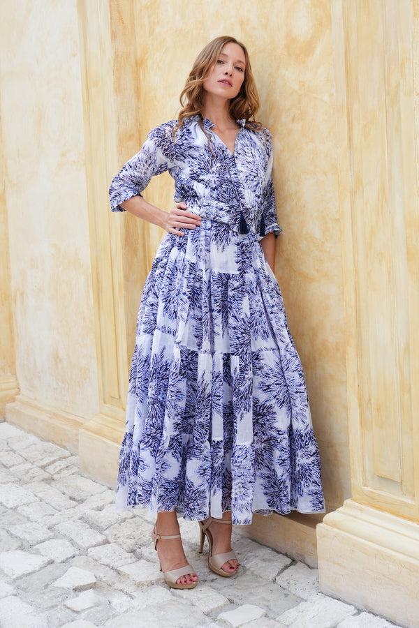 samantha sung Eden Dress Crew Neck 3/4 Sleeve Maxi Length Cotton Musola (Shibori Sumire)