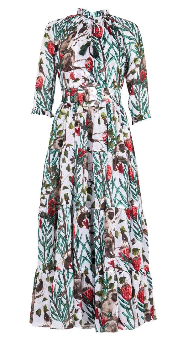 Samantha Sung Eden Dress Crew Neck 3/4 Sleeve Maxi Length Cotton Musola (Eastern Monkey White)
