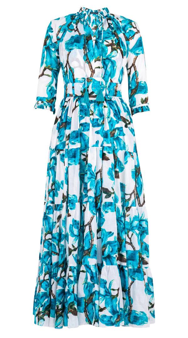 Samantha Sung Eden Dress Crew Neck 3/4 Sleeve Maxi Length Cotton Musola (Magnolia Blossom White)