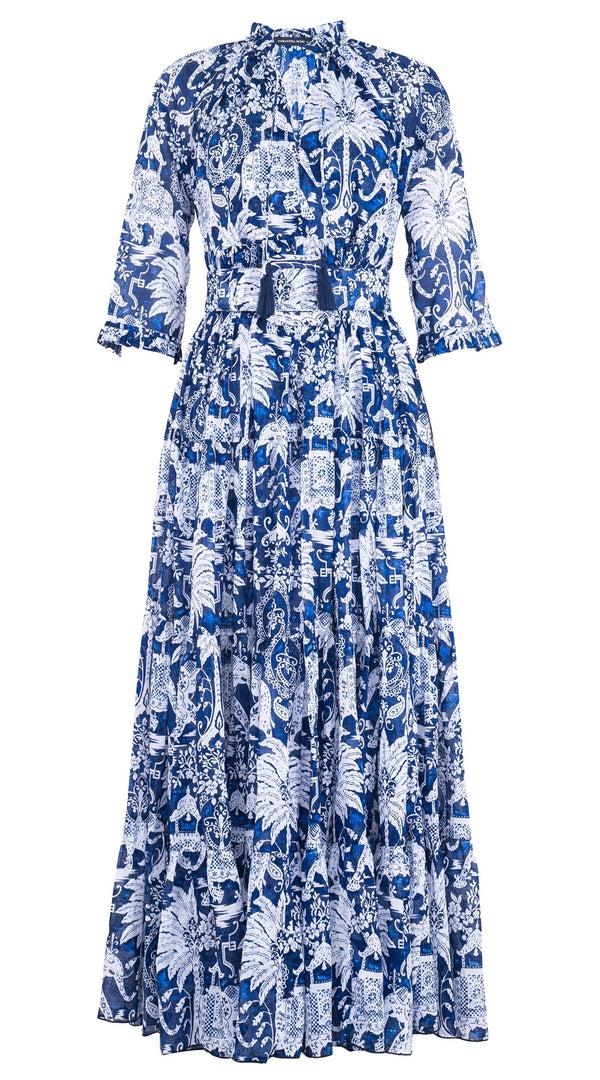Samantha Sung Eden Dress Crew Neck 3/4 Sleeve Maxi Length Cotton Musola (Elephant Bandana)