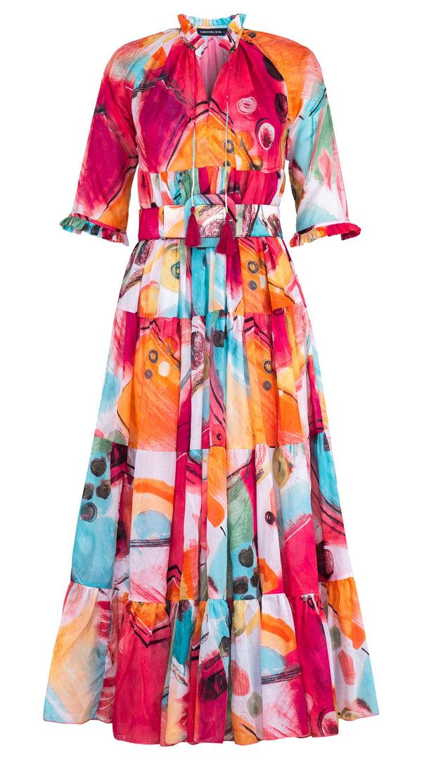 samantha sung Eden Dress Crew Neck 3/4 Sleeve Maxi Length Cotton Musola (Bastera Painting)