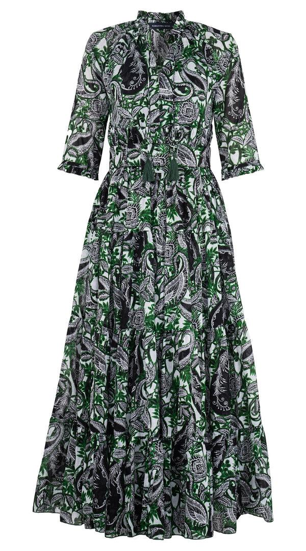 samantha sung Eden Dress Crew Neck 3/4 Sleeve Maxi Length Cotton Musola (Cachemire Paisley White)