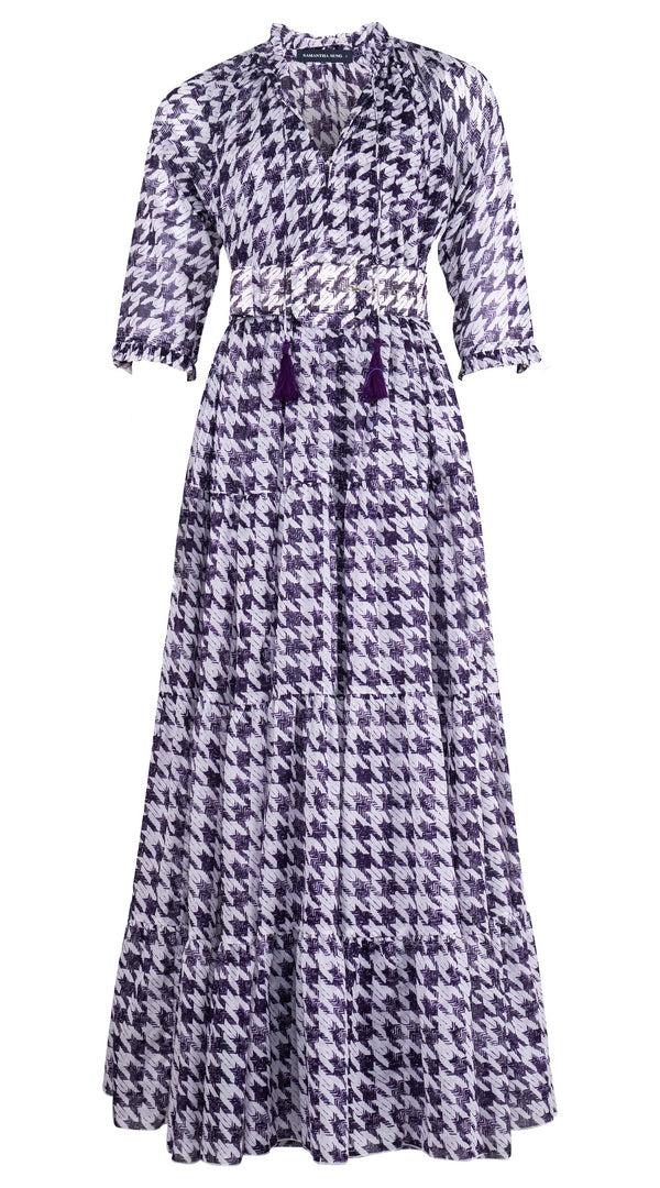samantha sung Eden Dress Crew Neck 3/4 Sleeve Maxi Length Cotton Musola (Houndstooth Toile White)