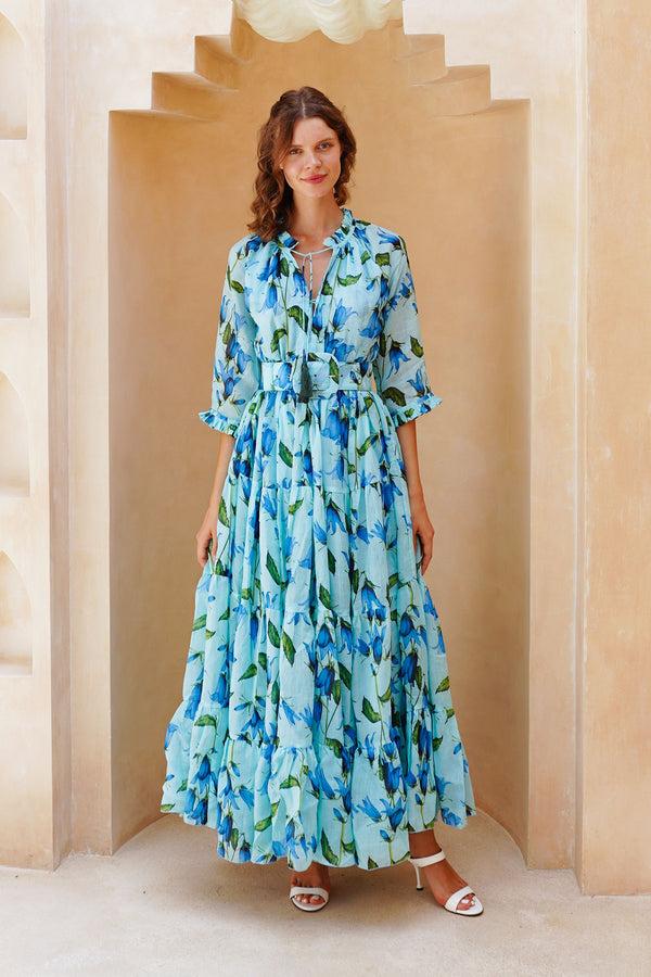 samantha sung Eden Dress Crew Neck 3/4 Sleeve Maxi Length Cotton Musola (Blue Bell Flower Small Pastel)