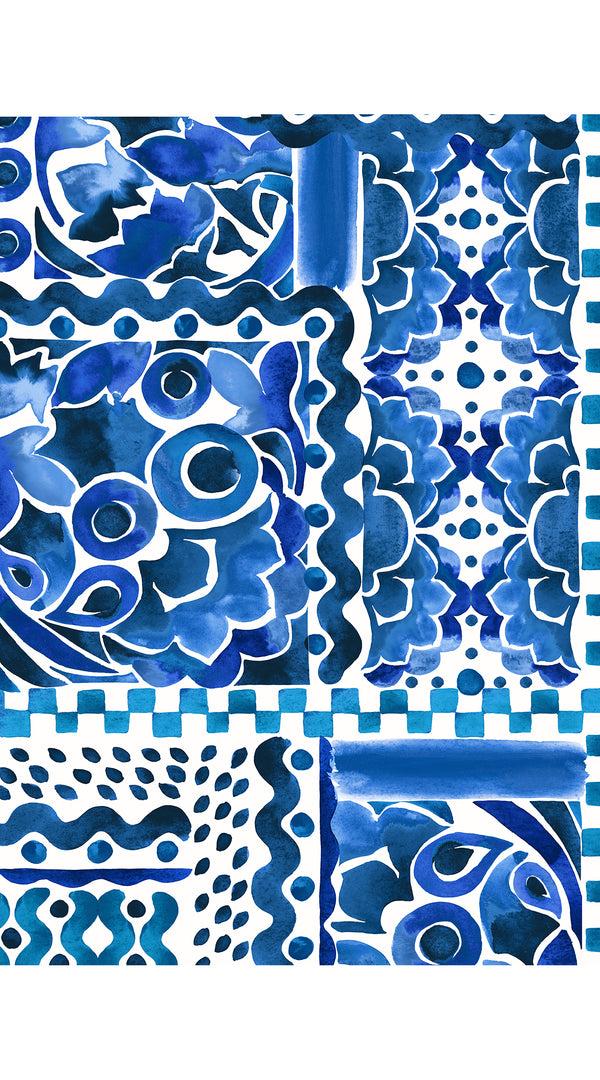 Samantha Sung Eden Dress Crew Neck 3/4 Sleeve Maxi Length Cotton Musola (Watercolor Tile Mono)