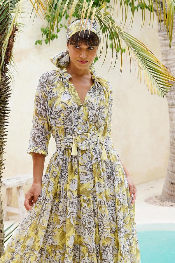 Samantha Sung Eden Dress Crew Neck 3/4 Sleeve Maxi Length Cotton Musola (Chrysanthemum Flower Big)