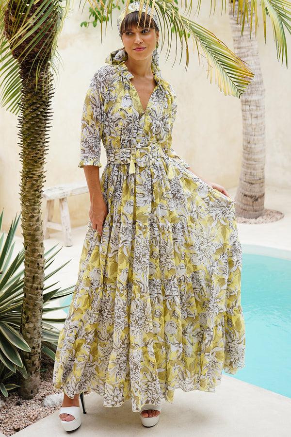 samantha sung Eden Dress Crew Neck 3/4 Sleeve Maxi Length Cotton Musola (Chrysanthemum Flower Big)