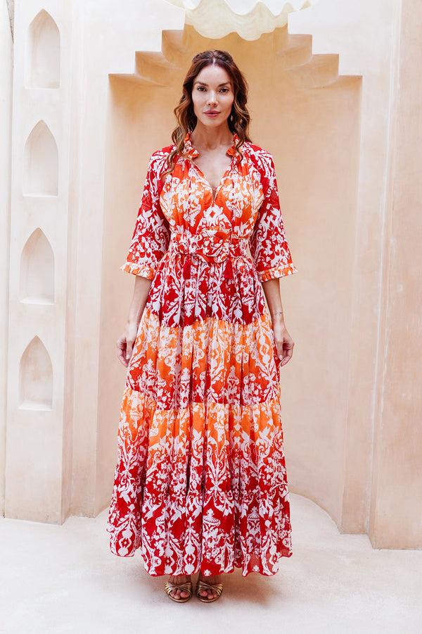 samantha sung Eden Dress Crew Neck 3/4 Sleeve Maxi Length Cotton Musola (Impero Ombre)