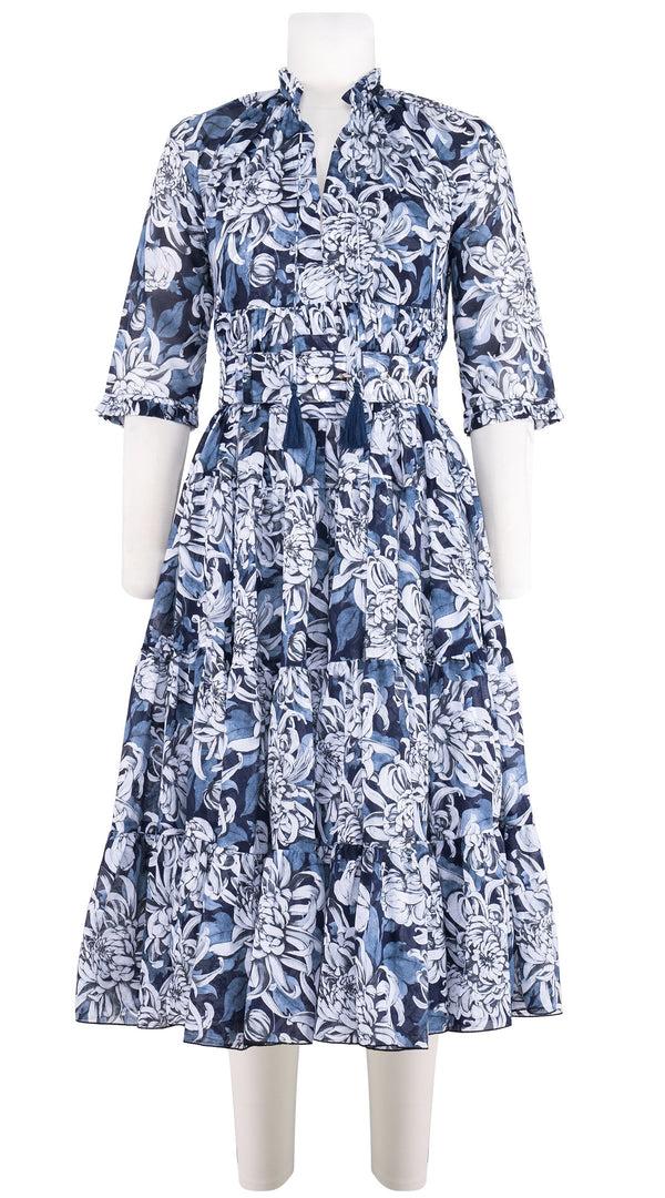 samantha sung Eden Dress Crew Neck 3/4 Sleeve Midi Length Cotton Musola (Chrysanthemum Flower Big)