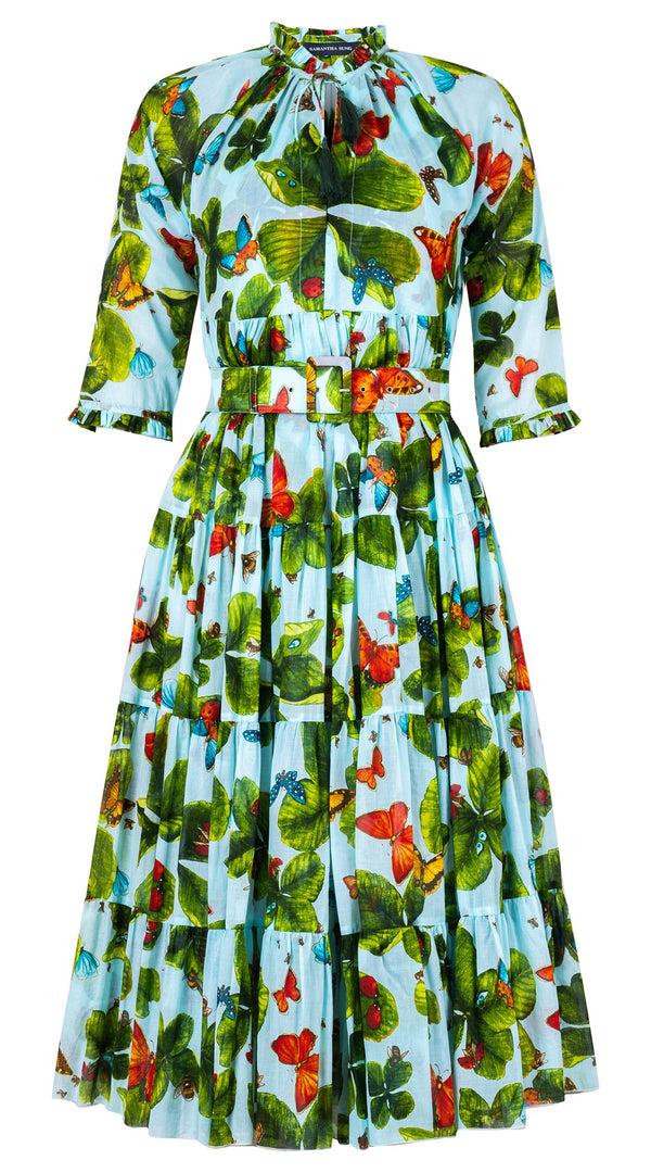 Samantha Sung Eden Dress Crew Neck 3/4 Sleeve Midi Length Cotton Musola (Clover Butterfly Big)