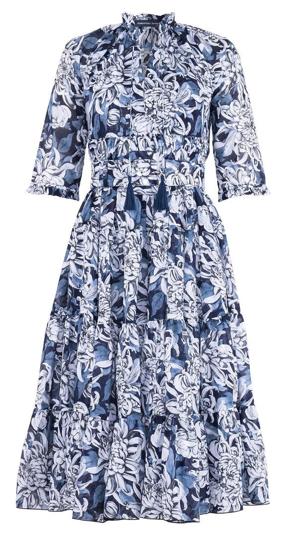 Samantha Sung Eden Dress Crew Neck 3/4 Sleeve Midi Length Cotton Musola (Chrysanthemum Flower Big)