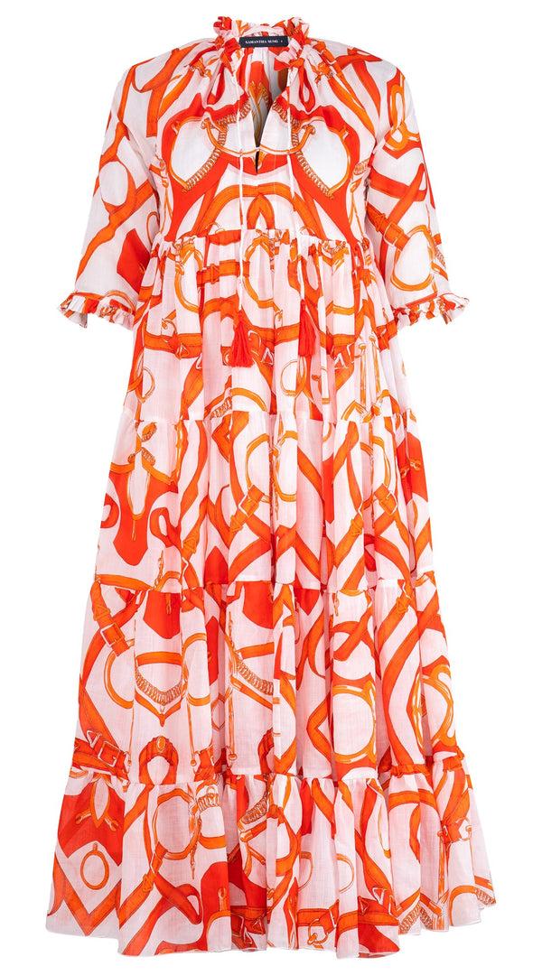 samantha sung Eden Dress Crew Neck 3/4 Sleeve Midi Plus Length Cotton Musola (Secretariat Horse White Pastel)