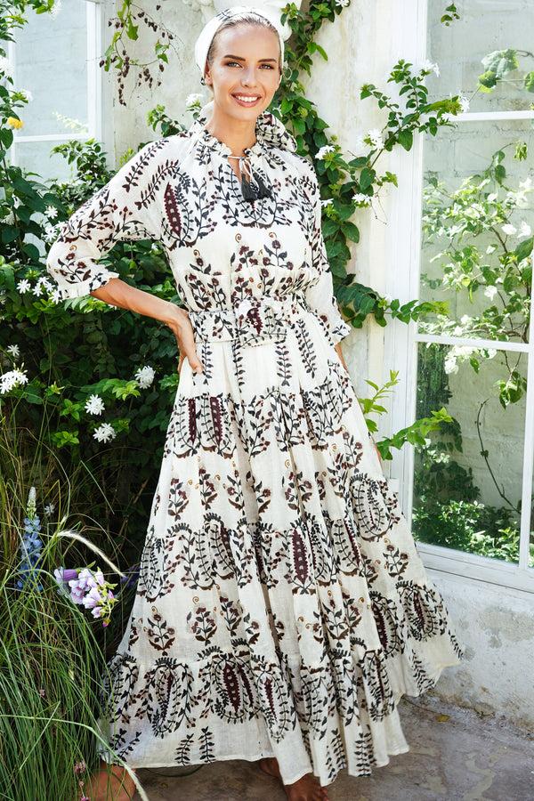 Samantha Sung Eden Dress Crew Neck 3/4 Sleeve With Hamilton Belt Maxi Length Cotton Musola (Suzani Ferns)