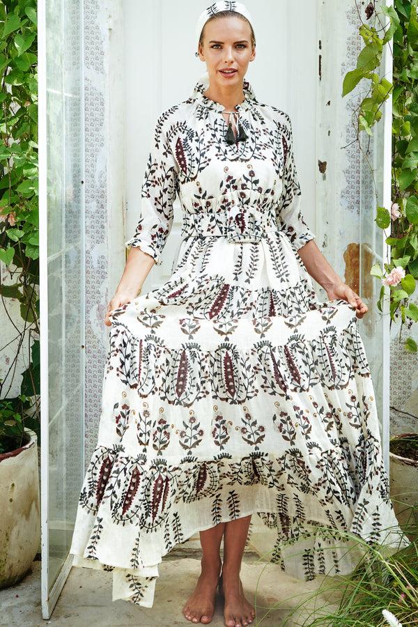 Samantha Sung Eden Dress Crew Neck 3/4 Sleeve With Hamilton Belt Maxi Length Cotton Musola (Suzani Ferns)