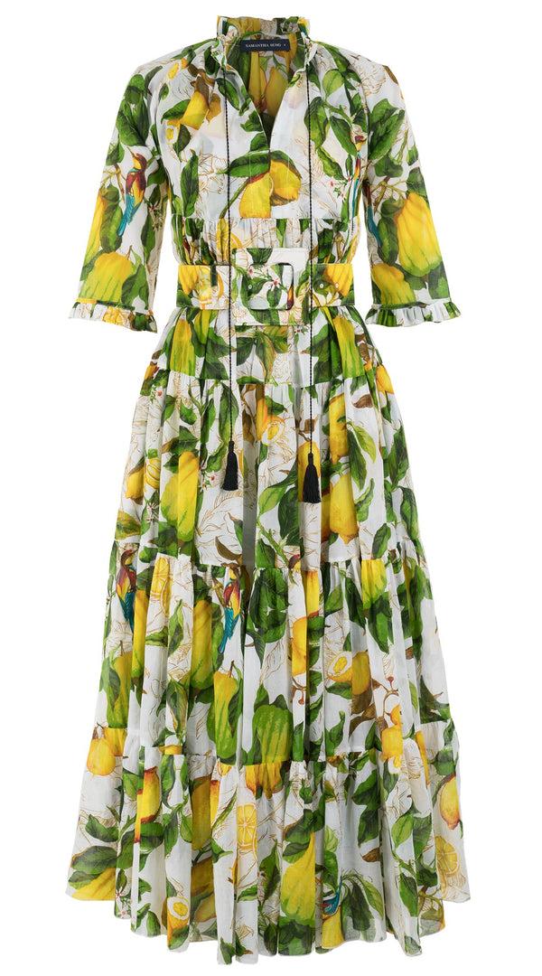 Samantha Sung Eden Dress Crew Neck 3/4 Sleeve With Hamilton Belt Maxi Length Cotton Musola (Lemon Tuscani)