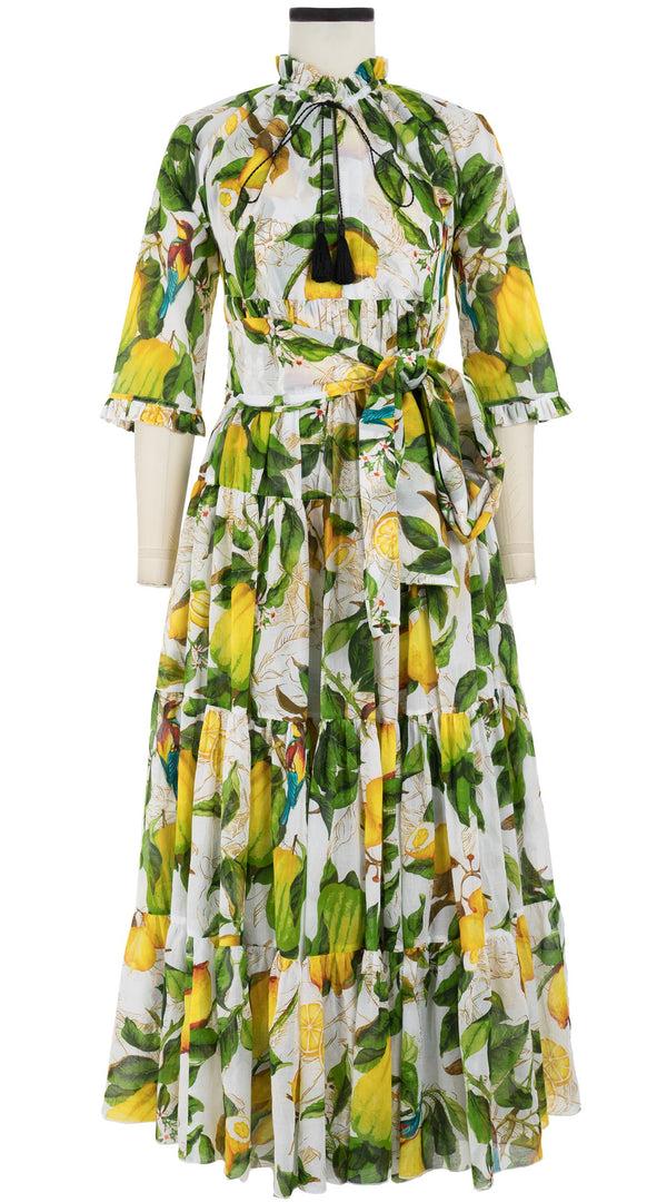Samantha Sung Eden Dress Crew Neck 3/4 Sleeve With Hamilton Belt Maxi Length Cotton Musola (Lemon Tuscani)