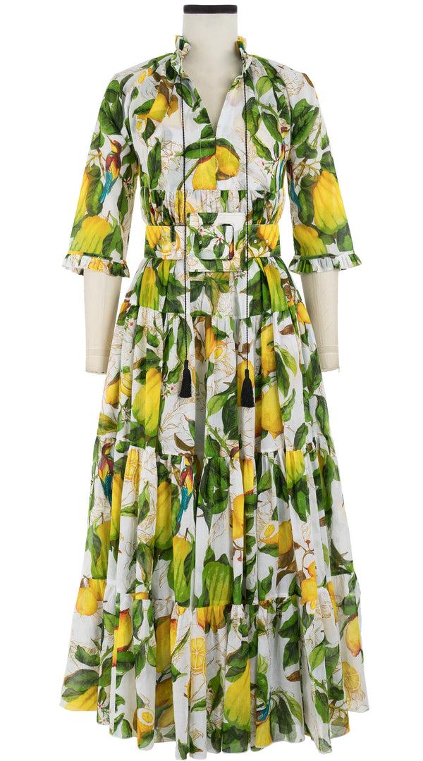 samantha sung Eden Dress Crew Neck 3/4 Sleeve with Hamilton Belt Maxi Length Cotton Musola (Lemon Tuscani)