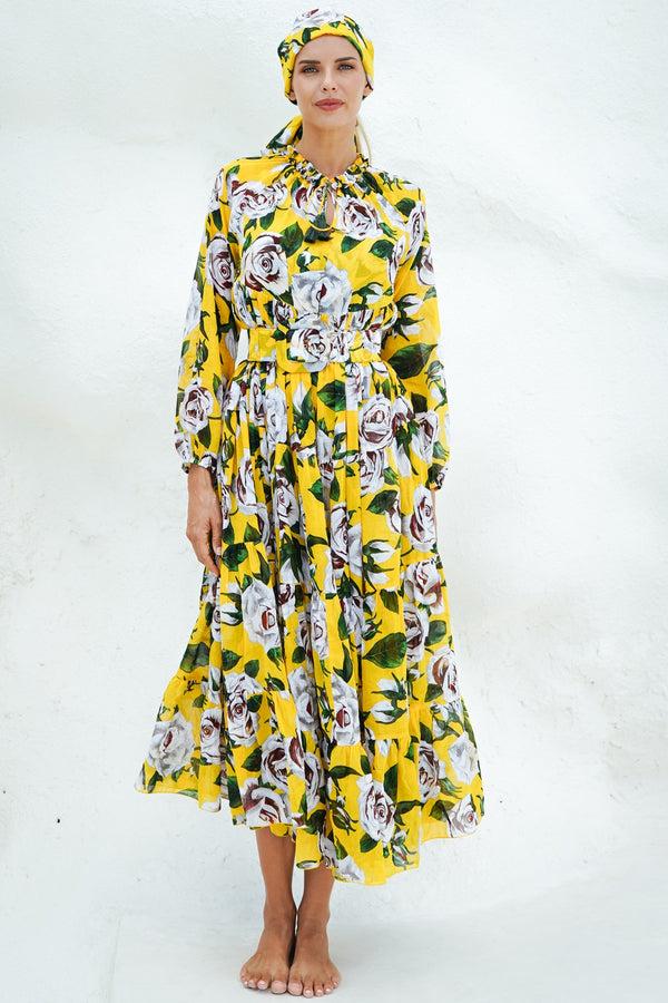 samantha sung Eden Dress Crew Neck 3/4 Sleeve with Hamilton Belt Maxi Length Cotton Musola (White Rose Bright)