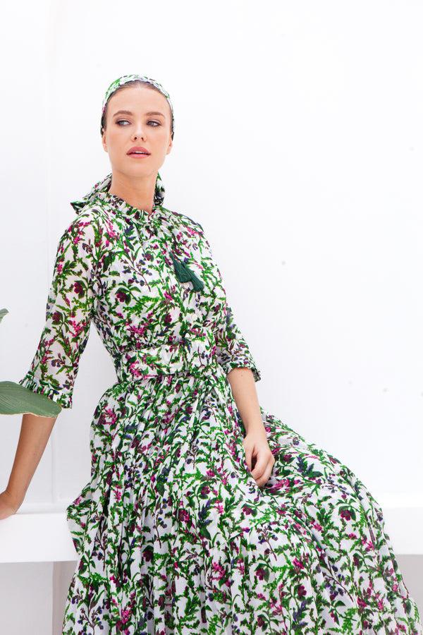 Samantha Sung Eden Dress Crew Neck 3/4 Sleeve With Hamilton Belt Maxi Length Cotton Musola (Lavender Haze)