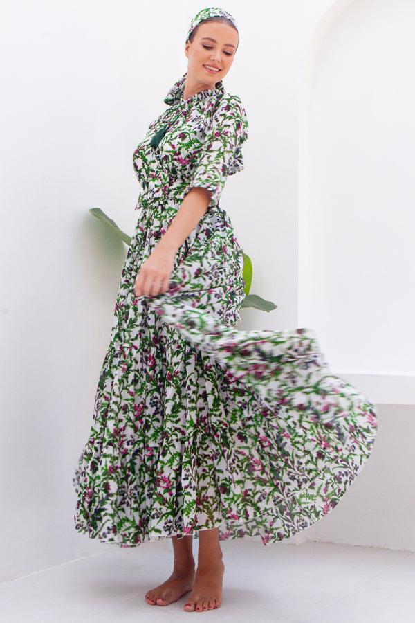 Samantha Sung Eden Dress Crew Neck 3/4 Sleeve With Hamilton Belt Maxi Length Cotton Musola (Lavender Haze)