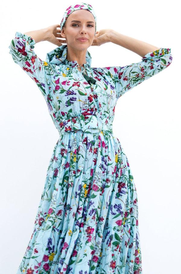 Samantha Sung Eden Dress Crew Neck 3/4 Sleeve With Hamilton Belt Maxi Length Cotton Musola (Fairy Tail Flower)
