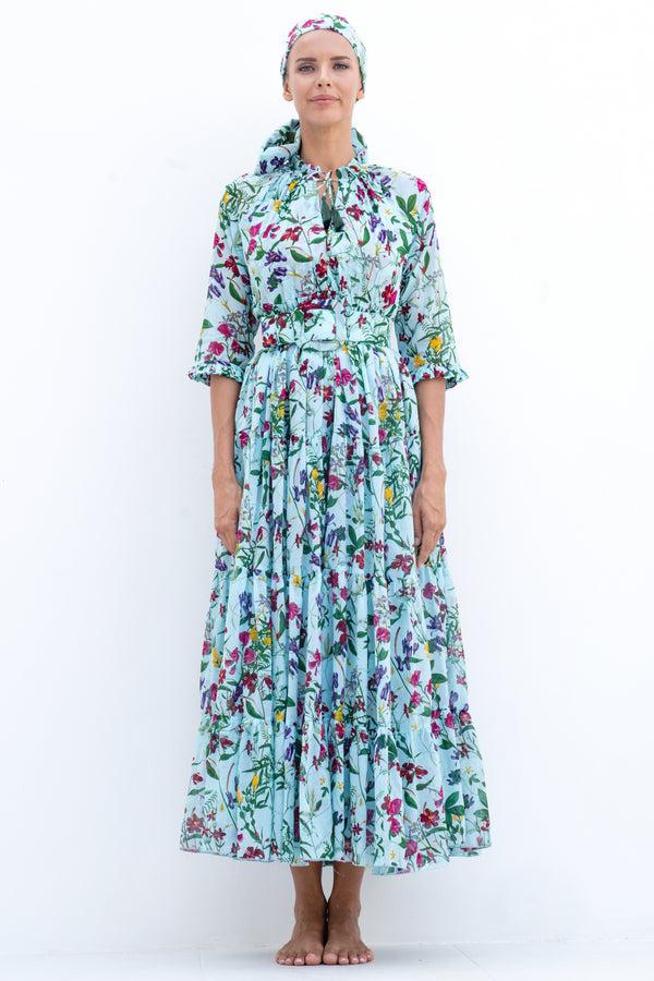 samantha sung Eden Dress Crew Neck 3/4 Sleeve with Hamilton Belt Maxi Length Cotton Musola (Fairy Tail Flower)