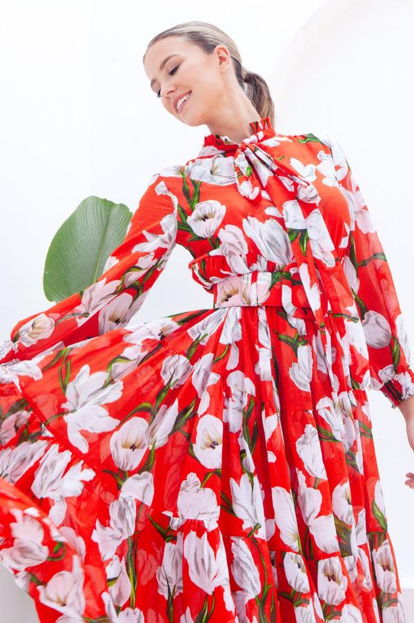 Samantha Sung Eden Dress Crew Neck 3/4 Sleeve With Hamilton Belt Maxi Length Cotton Musola (White Tulip)