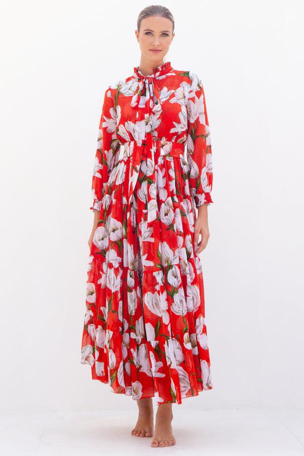 samantha sung Eden Dress Crew Neck 3/4 Sleeve with Hamilton Belt Maxi Length Cotton Musola (White Tulip)