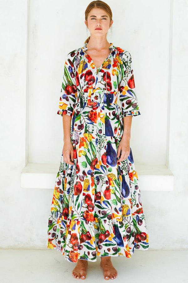Samantha Sung Eden Dress Crew Neck 3/4 Sleeve With Hamilton Belt Maxi Length Cotton Musola (Watercolor Fruits)