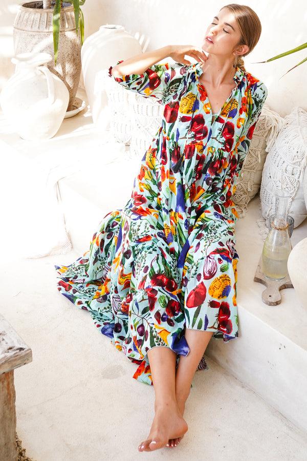 Samantha Sung Eden Dress Crew Neck 3/4 Sleeve With Hamilton Belt Maxi Length Cotton Musola (Watercolor Fruits)
