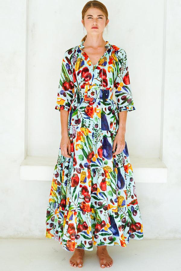samantha sung Eden Dress Crew Neck 3/4 Sleeve with Hamilton Belt Maxi Length Cotton Musola (Watercolor Fruits)