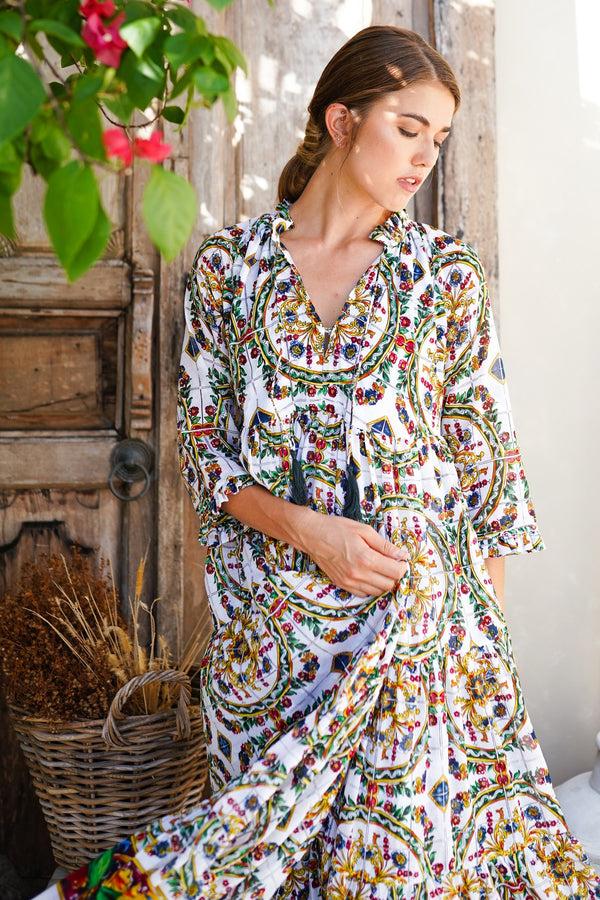 Samantha Sung Eden Dress Crew Neck 3/4 Sleeve With Hamilton Belt Maxi Length Cotton Musola (Santorini Tile)