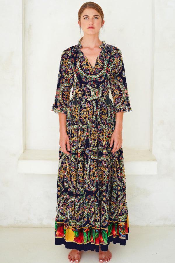 Samantha Sung Eden Dress Crew Neck 3/4 Sleeve With Hamilton Belt Maxi Length Cotton Musola (Santorini Tile)