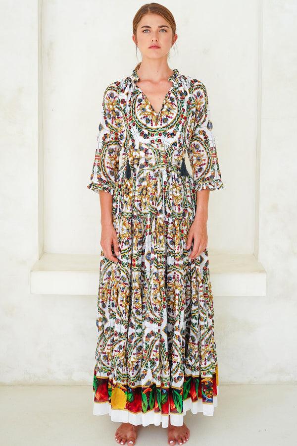 samantha sung Eden Dress Crew Neck 3/4 Sleeve with Hamilton Belt Maxi Length Cotton Musola (Santorini Tile)