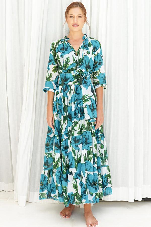 samantha sung Eden Dress Crew Neck 3/4 Sleeve with Hamilton Belt Maxi Length Cotton Musola (Poppy Poland Big)