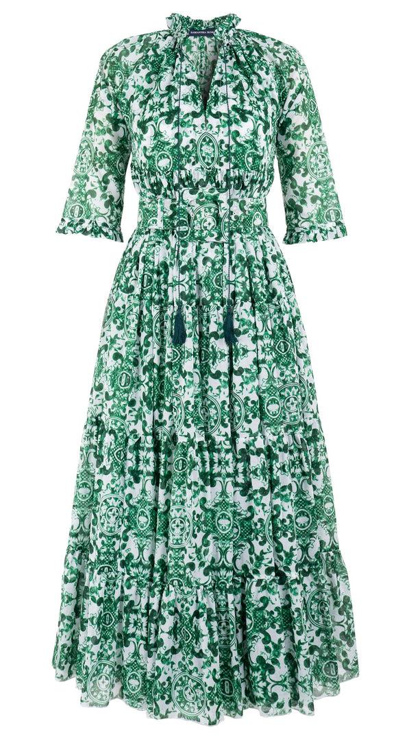 Samantha Sung Eden Dress Crew Neck 3/4 Sleeve With Hamilton Belt Maxi Length Cotton Musola (Ibiza Sintra Tile)