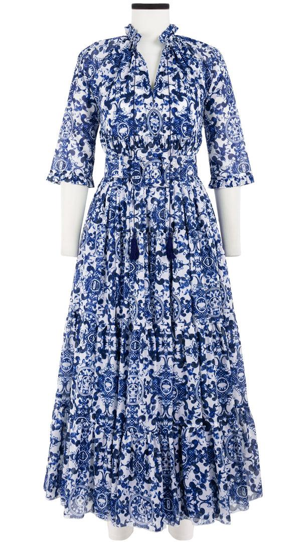 Samantha Sung Eden Dress Crew Neck 3/4 Sleeve With Hamilton Belt Maxi Length Cotton Musola (Ibiza Sintra Tile)