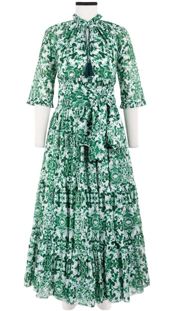 Samantha Sung Eden Dress Crew Neck 3/4 Sleeve With Hamilton Belt Maxi Length Cotton Musola (Ibiza Sintra Tile)