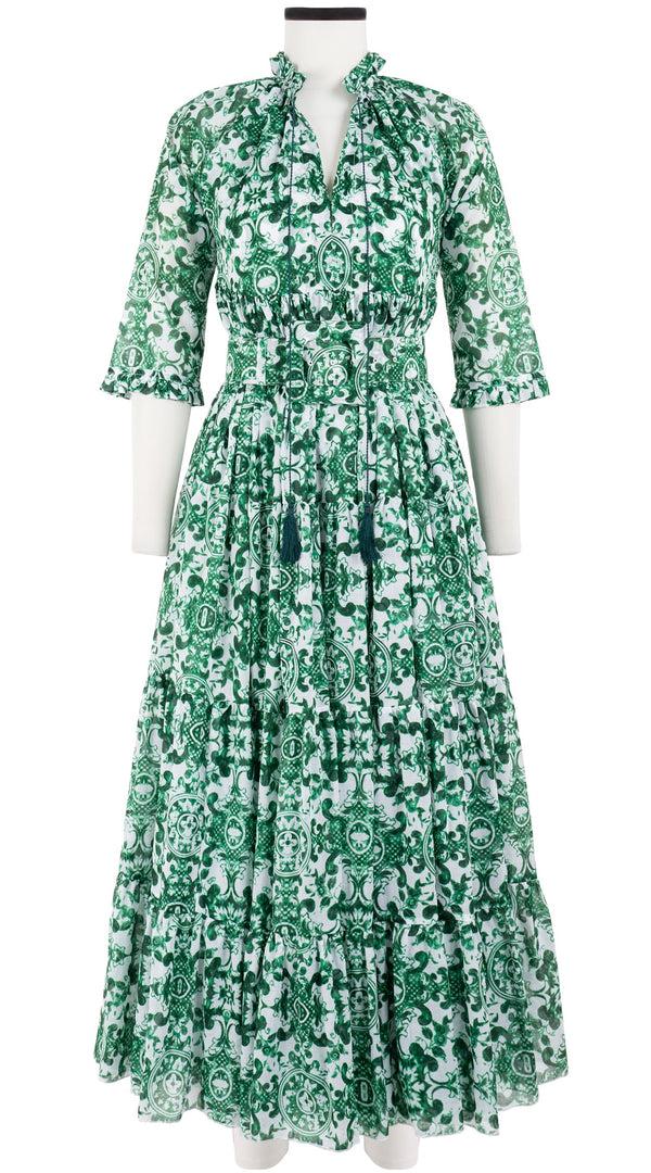 samantha sung Eden Dress Crew Neck 3/4 Sleeve with Hamilton Belt Maxi Length Cotton Musola (Ibiza Sintra Tile)