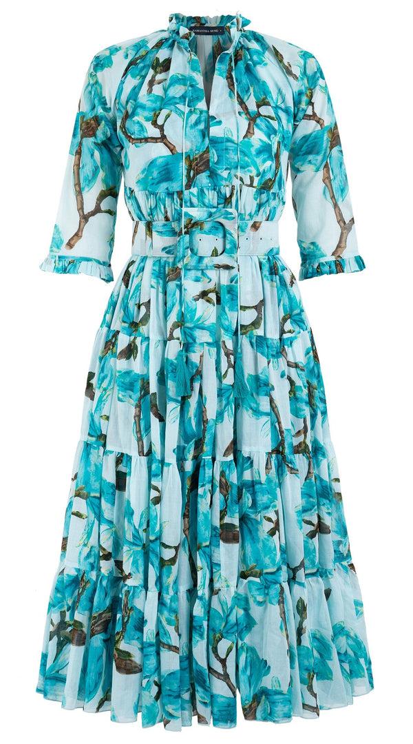 Samantha Sung Eden Dress Crew Neck 3/4 Sleeve With Hamilton Belt Maxi Length Cotton Musola (Magnolia Blossom)