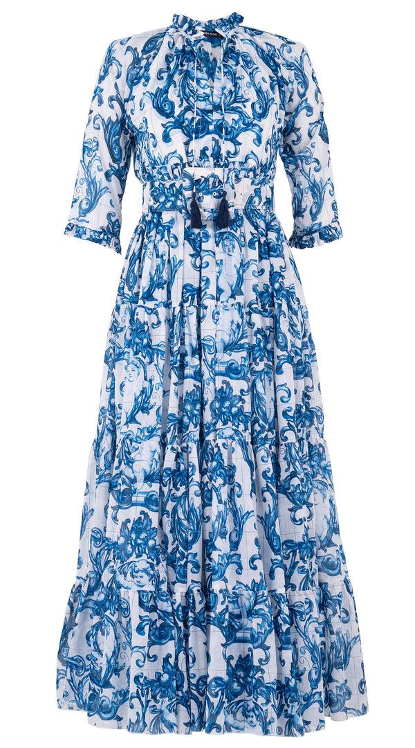 Samantha Sung Eden Dress Crew Neck 3/4 Sleeve With Hamilton Belt Maxi Length Cotton Musola (Cherub Tile)