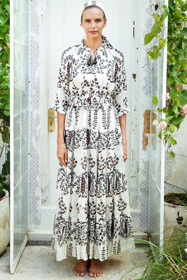 samantha sung Eden Dress Crew Neck 3/4 Sleeve with Hamilton Belt Maxi Length Cotton Musola (Suzani Ferns)