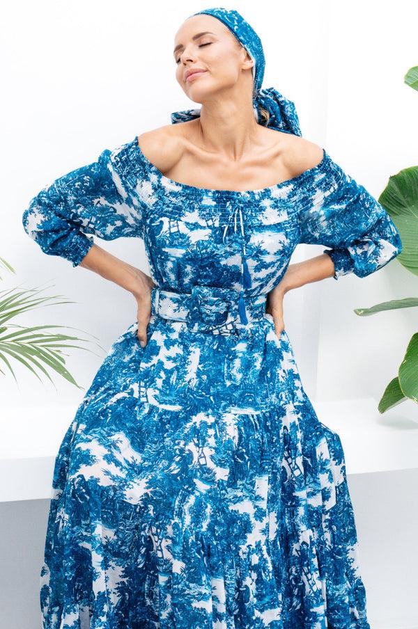 Samantha Sung Eden Dress Off Smock Shoulder 3/4 Smock Sleeve Maxi Length Cotton Musola (Antilles Toile White)