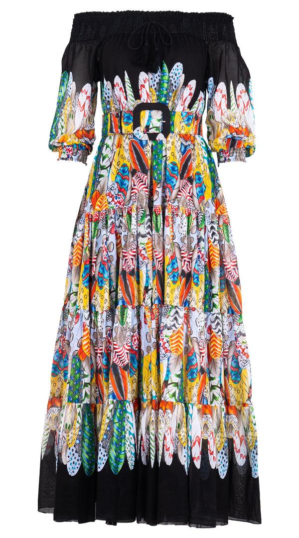 Samantha Sung Eden Dress Off Smock Shoulder 3/4 Smock Sleeve Maxi Length Cotton Musola (African Feather Border)