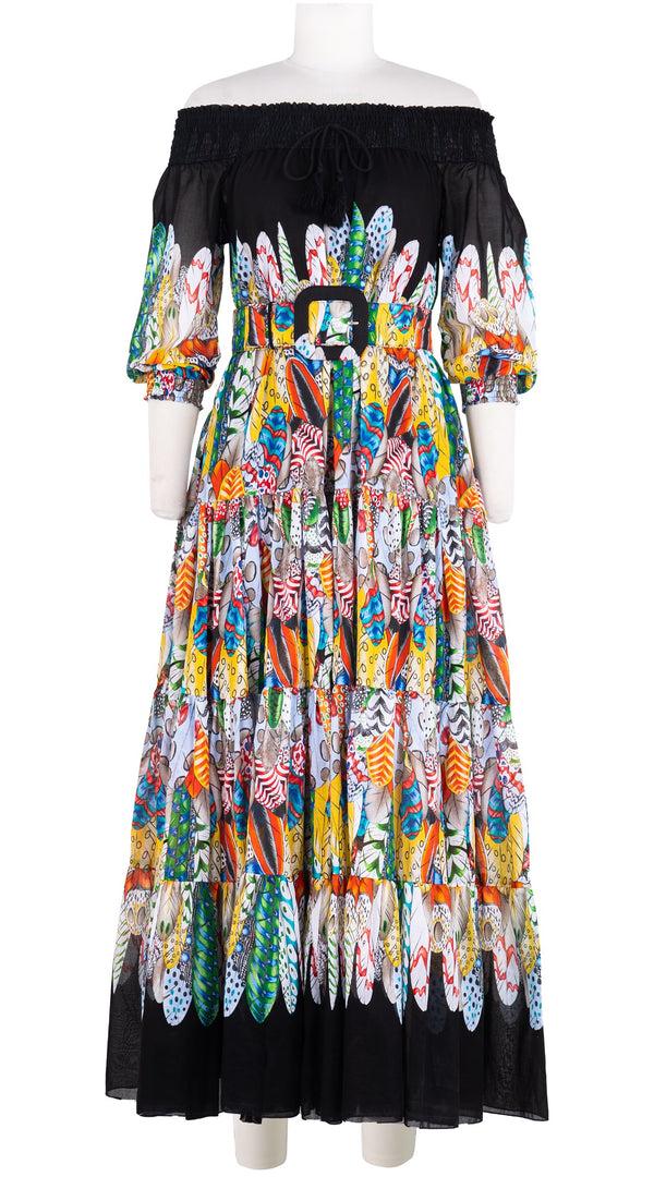 samantha sung Eden Dress Off Smock Shoulder 3/4 Smock Sleeve Maxi Length Cotton Musola (African Feather Border)