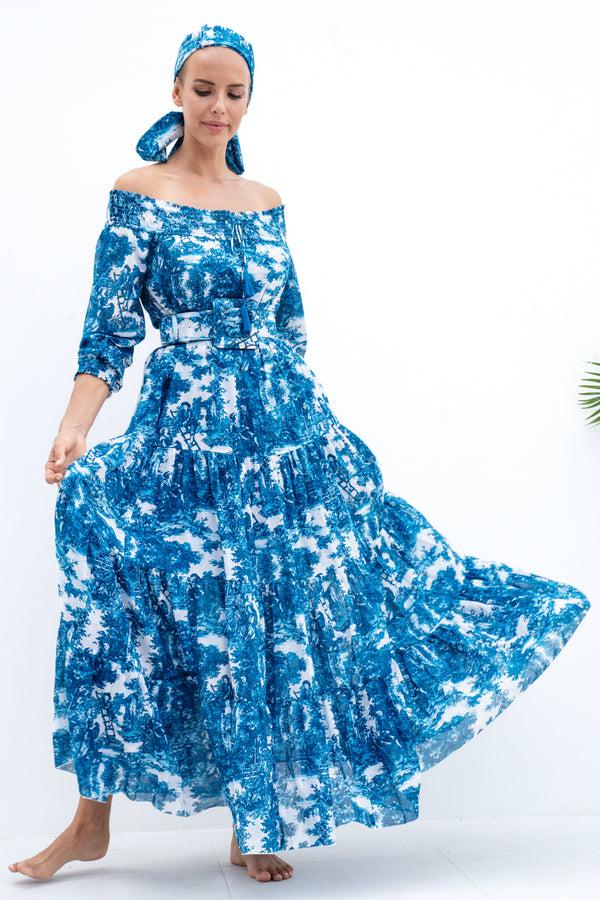 samantha sung Eden Dress Off Smock Shoulder 3/4 Smock Sleeve Maxi Length Cotton Musola (Antilles Toile White)