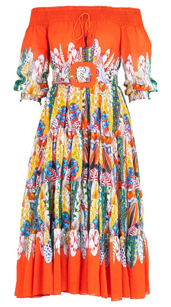 Samantha Sung Eden Dress Off Smock Shoulder 3/4 Smock Sleeve Midi Length Cotton Musola (African Feather)